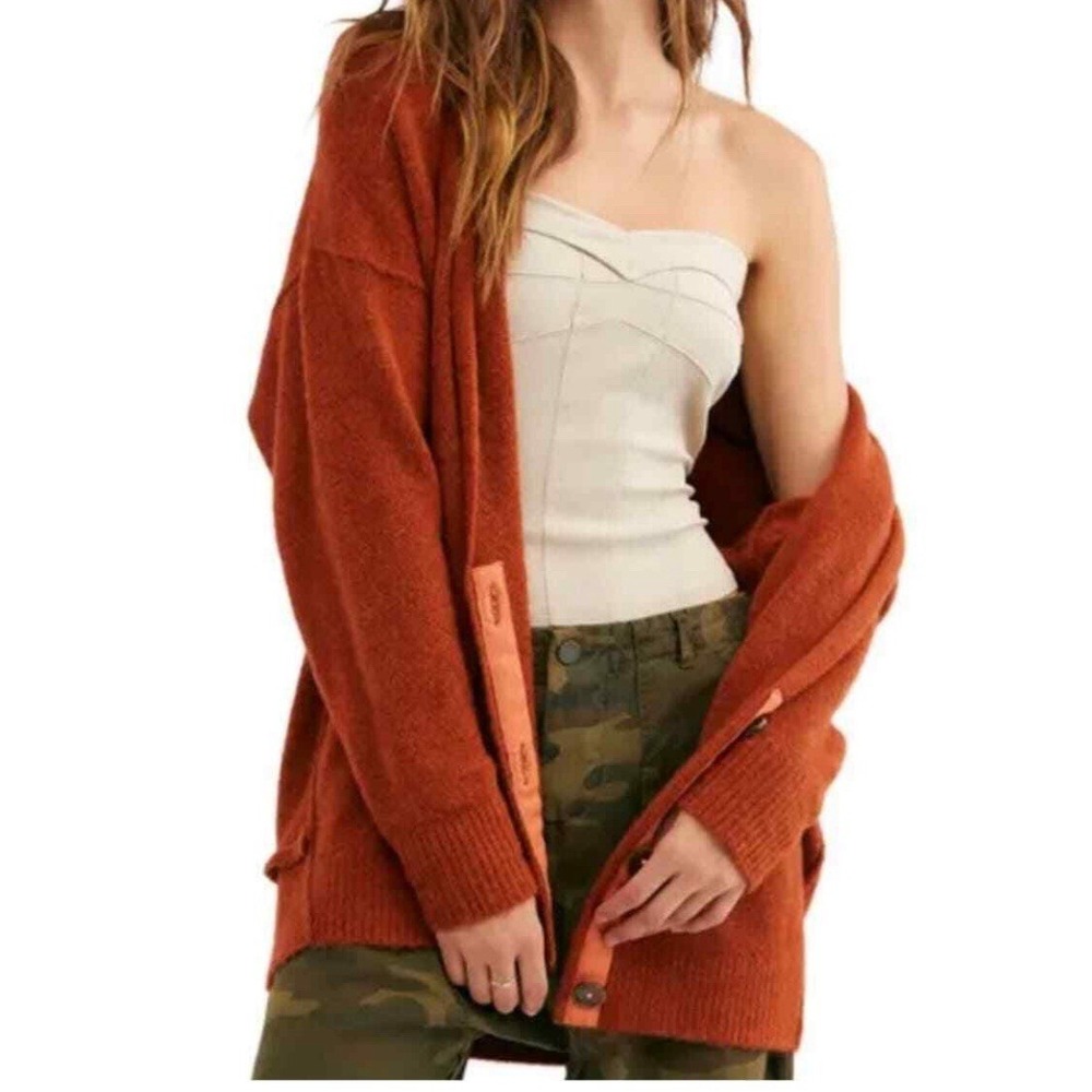 FREE PEOPLE Eucalyptus Cardigan Sweater Womens S Rust Orange Brown Slouchy Cozy
